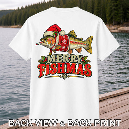 Christmas Trout Santa Fishing Graphic T-Shirt | Back Print