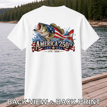 America 250th 1776–2026 American Flag Bass Fishing T-Shirt | Back Print