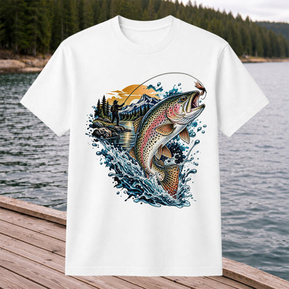 Leaping Rainbow Trout Mountain River Fly Fishing Graphic T-Shirt