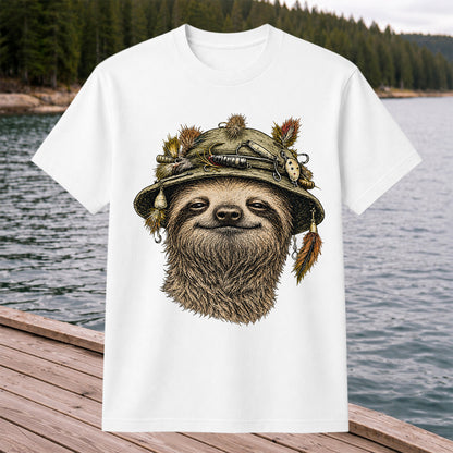 Sloth Wearing a Fishing Lure Hat Hand-Drawn Graphic T-Shirt