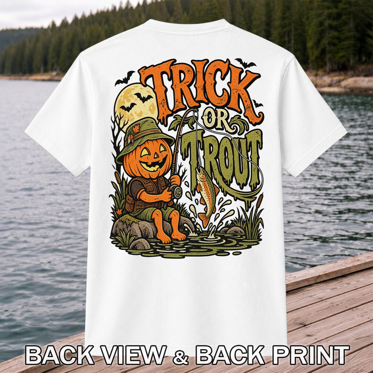 Trick or Trout Pumpkin Angler Halloween Fishing T-Shirt | Back Print