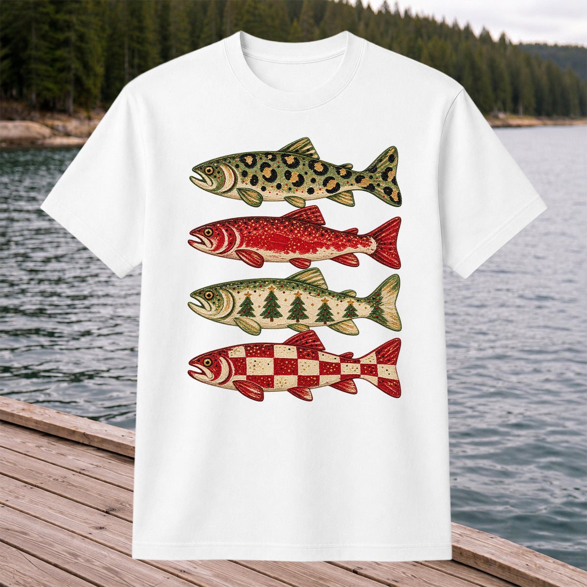 Four Seasonal Trout Patterns Christmas Fishing Graphic T-Shirt