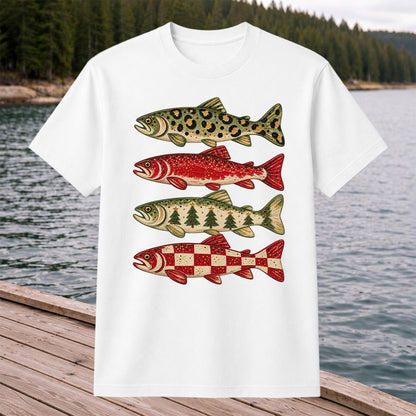 Four Seasonal Trout Patterns Christmas Fishing Graphic T-Shirt