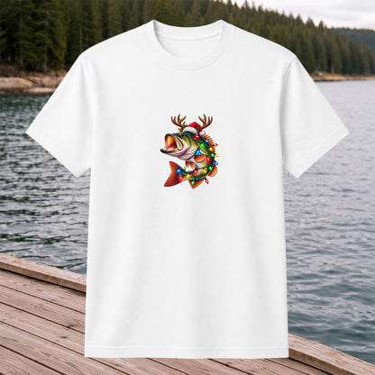 Christmas Bass with Santa Hat, Antlers and Holiday Lights Fishing T-Shirt