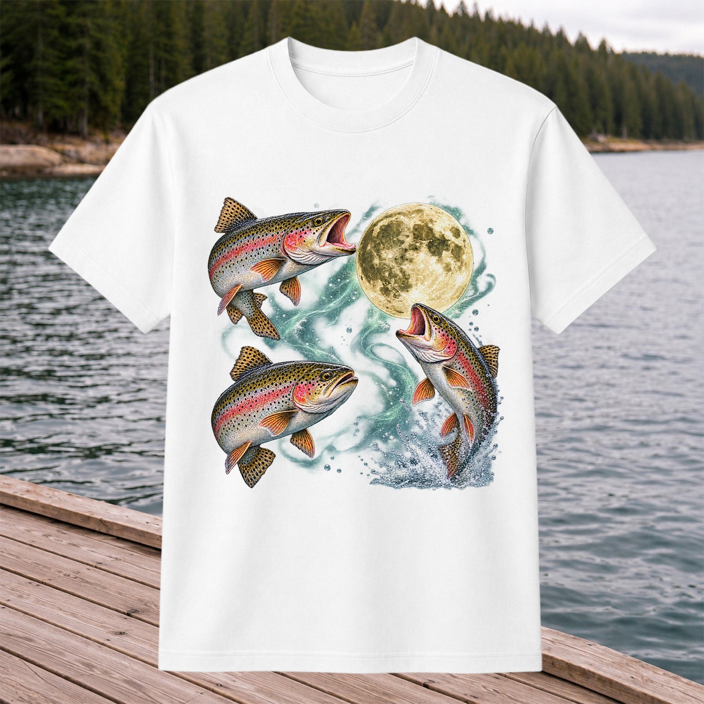 Rainbow Trout Under the Full Moon Fishing Graphic T-Shirt