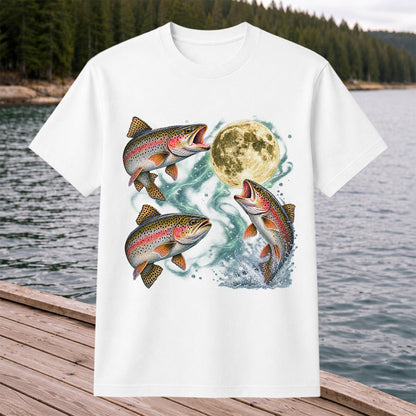 Rainbow Trout Under the Full Moon Fishing Graphic T-Shirt