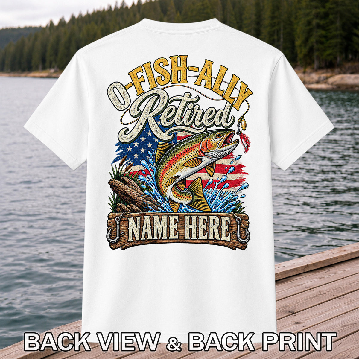 Retired Rainbow Trout American Flag Fishing T-Shirt | Back Print