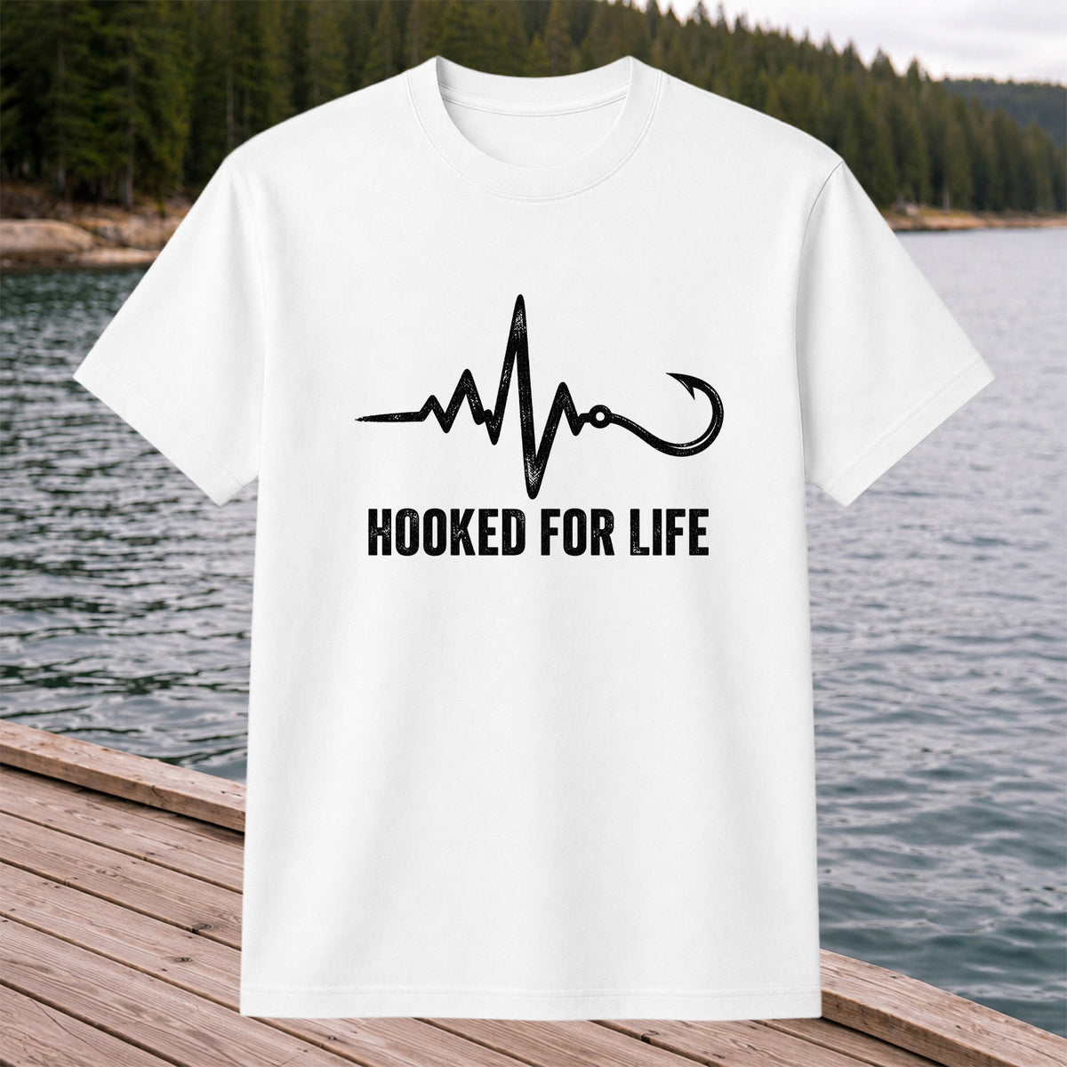 Hooked for Life Fishing Hook Heartbeat Graphic T-Shirt