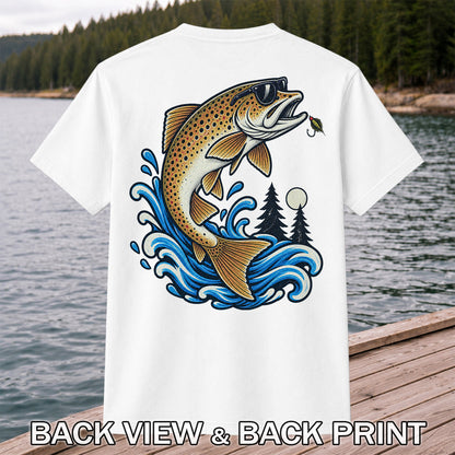 Brown Trout Sunglasses Fishing Graphic T-Shirt with Lure | Back Print