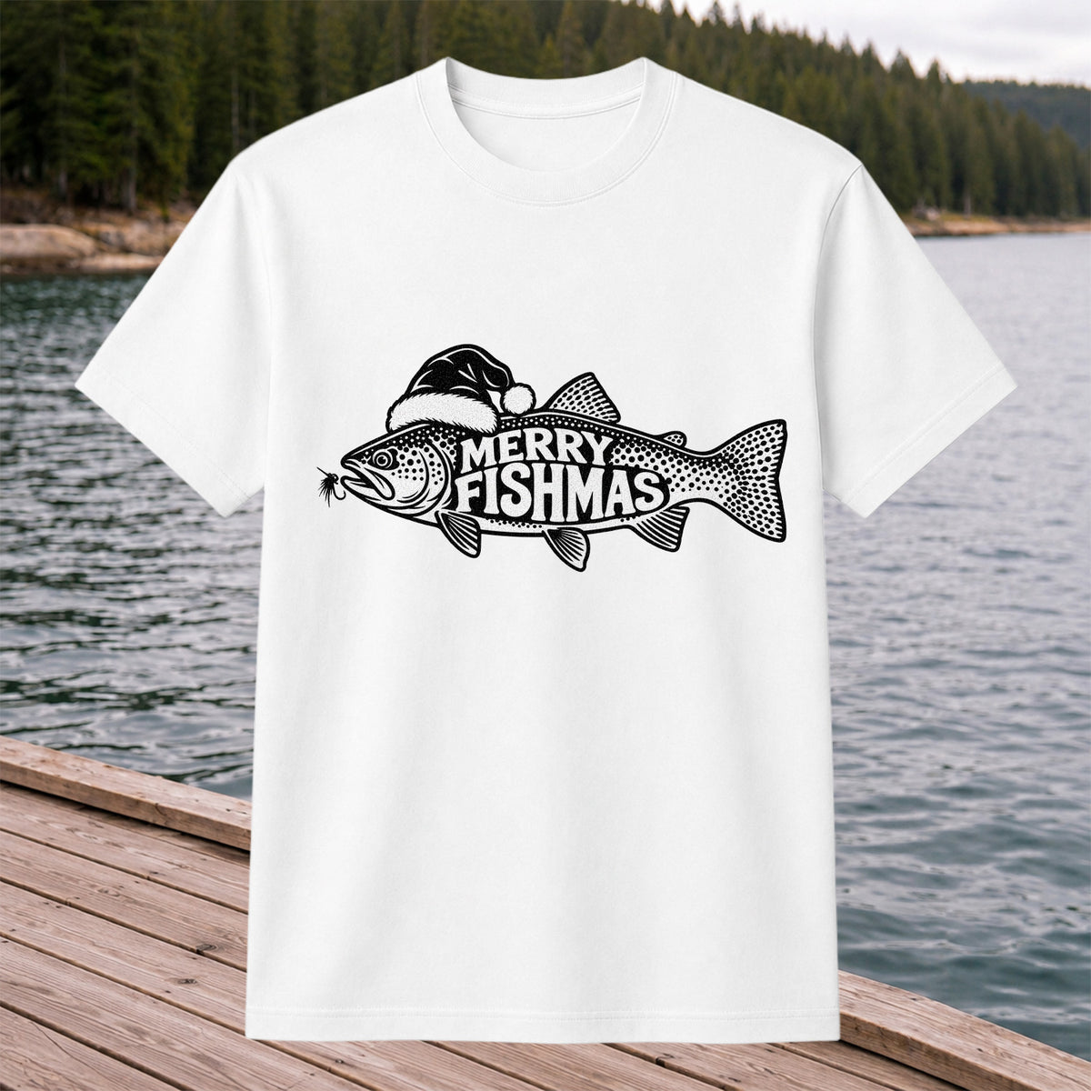 Merry Fishmas Black and White Trout Christmas Fishing T-Shirt