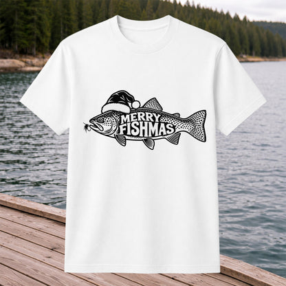Merry Fishmas Black and White Trout Christmas Fishing T-Shirt
