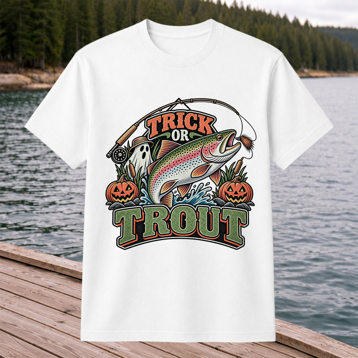 Trick or Trout Rainbow Trout Ghost and Pumpkins Halloween Fishing T-Shirt