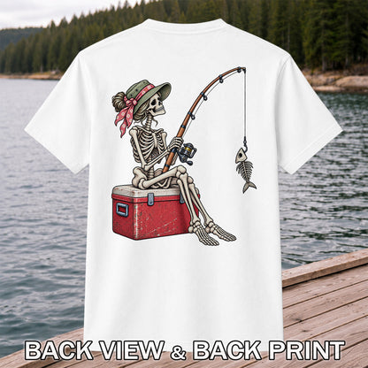 Skeleton Woman Fishing on a Cooler with Fish Bones Graphic T-Shirt | Back Print