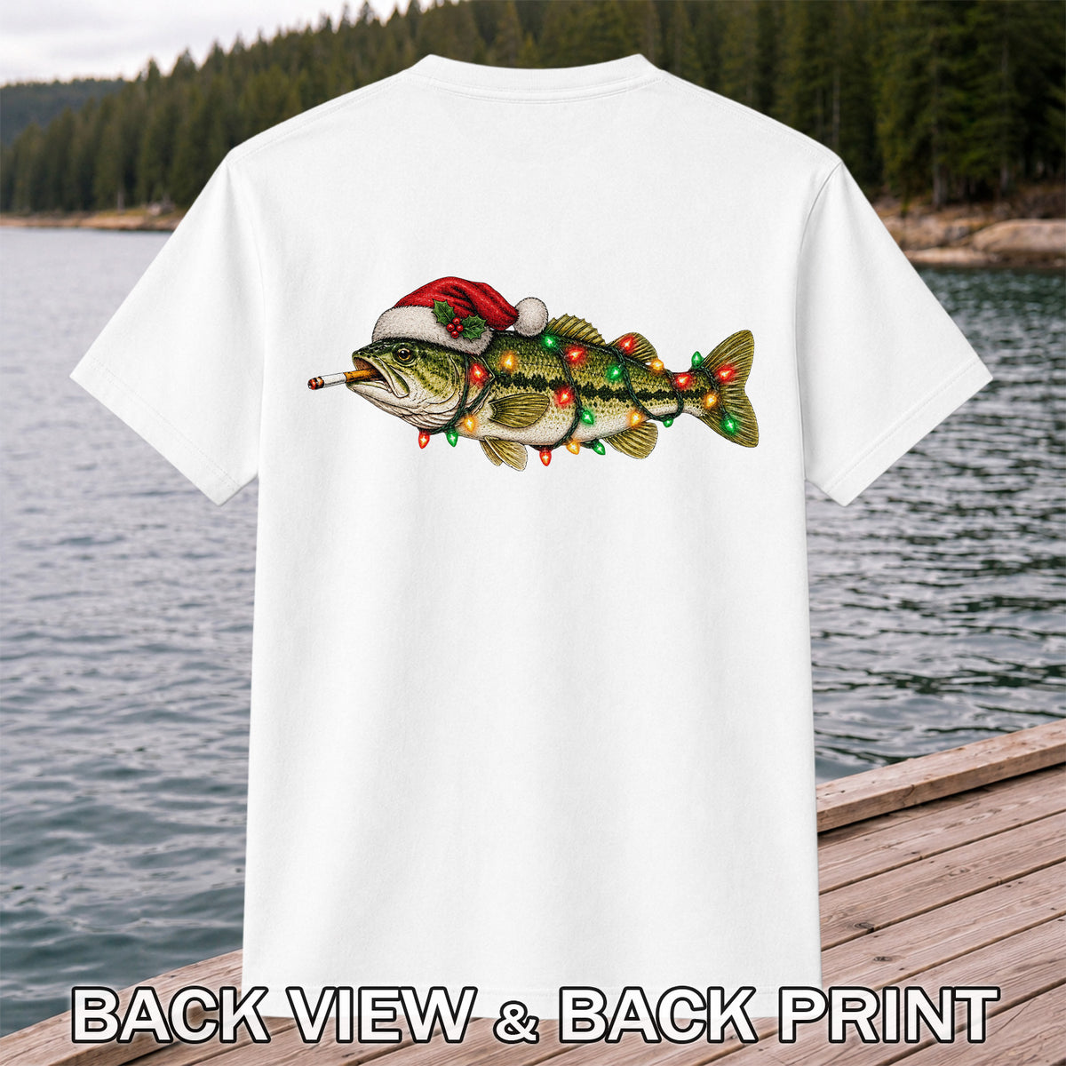 Christmas Bass Fishing Lights and Santa Hat Graphic T-Shirt | Back Print