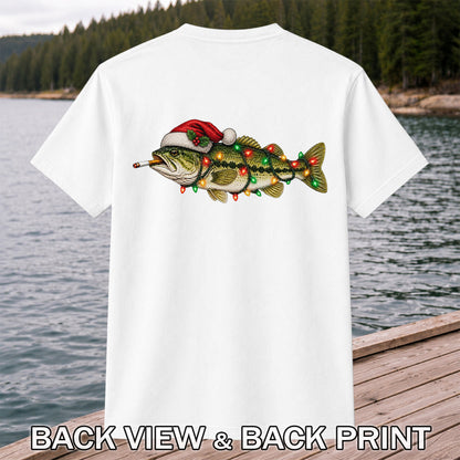 Christmas Bass Fishing Lights and Santa Hat Graphic T-Shirt | Back Print