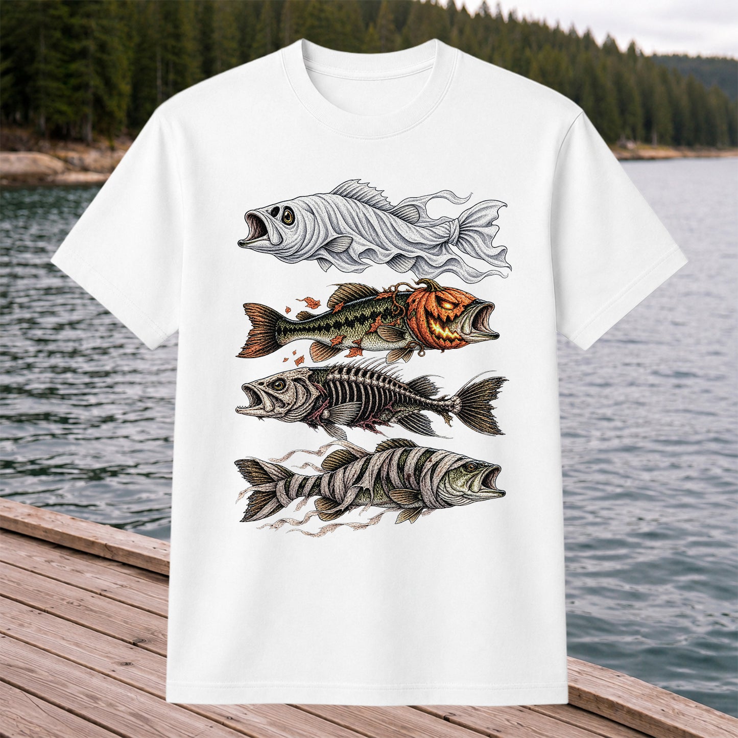 Halloween Bass Ghost Pumpkin Skeleton and Mummy Fish Graphic T-Shirt