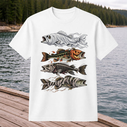 Halloween Bass Ghost Pumpkin Skeleton and Mummy Fish Graphic T-Shirt