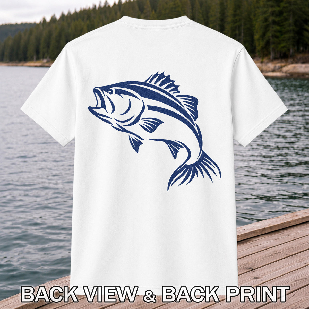 Blue Bass Fishing Line Art Graphic T-Shirt | Back Print