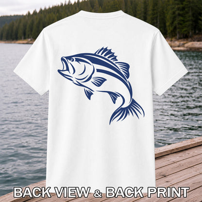 Blue Bass Fishing Line Art Graphic T-Shirt | Back Print