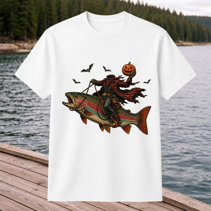 Halloween Cowboy Trout Fishing T-Shirt Pumpkin Fishing Tee