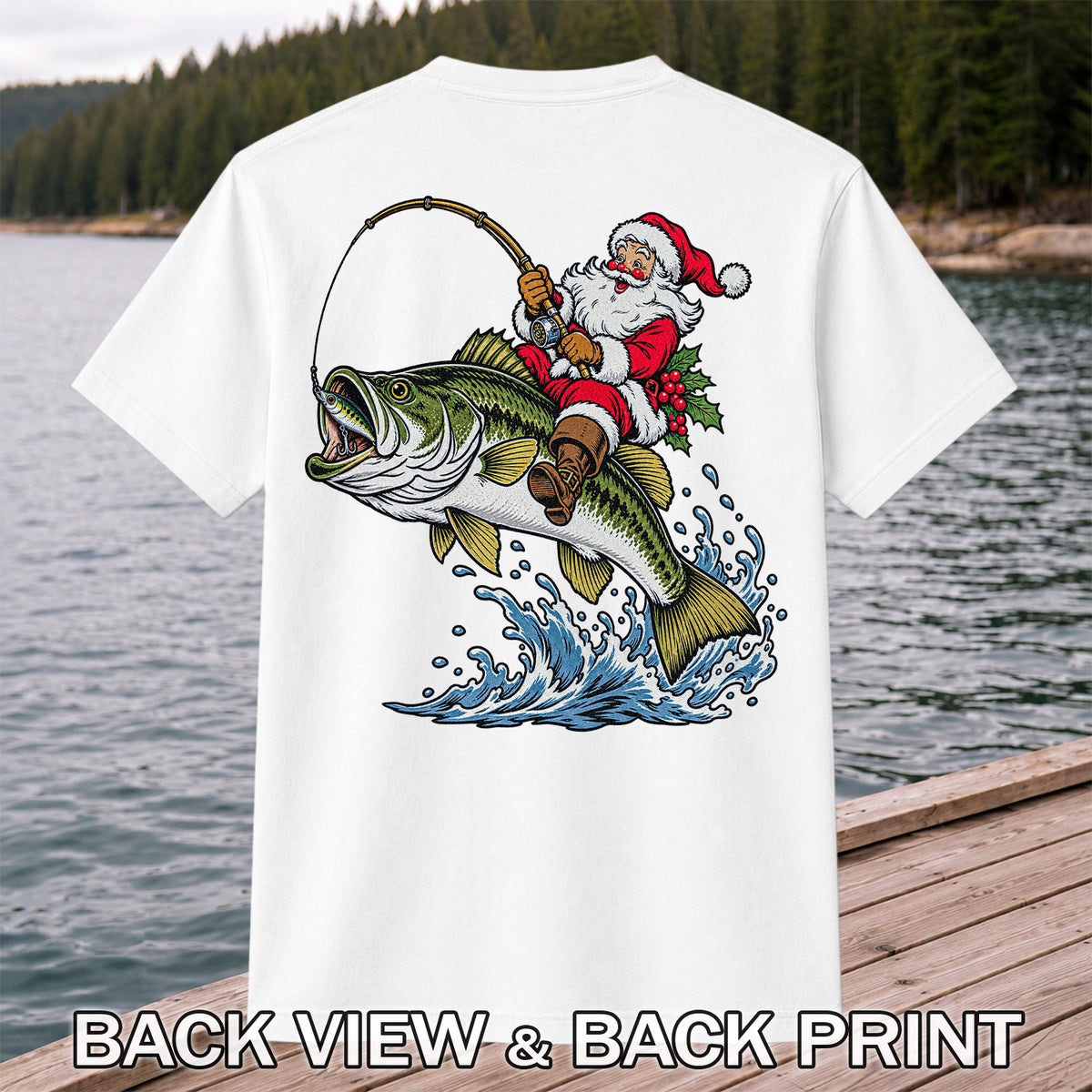 Santa Claus Riding a Bass Christmas Fishing Graphic T-Shirt | Back Print
