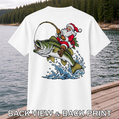 Santa Claus Riding a Bass Christmas Fishing Graphic T-Shirt | Back Print