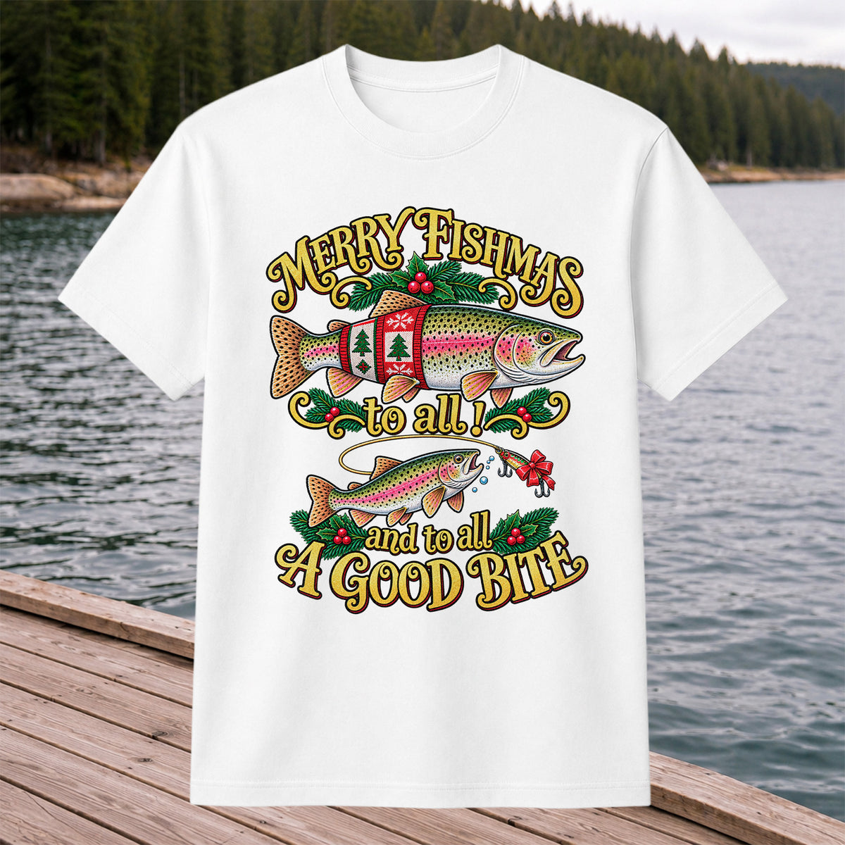 Merry Fishmas to All and to All a Good Bite Rainbow Trout Christmas Fishing T-Shirt