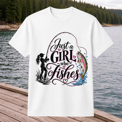 Just a Girl Who Fishes Rainbow Trout and Female Angler Fishing T-Shirt