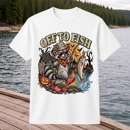 Off to Fish Raccoon and Trout Halloween T-Shirt - Good Fishing Spooky Times