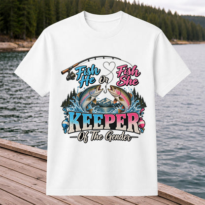 Fish He or Fish She Keeper of the Gender Rainbow Trout Fishing Gender Reveal T-Shirt