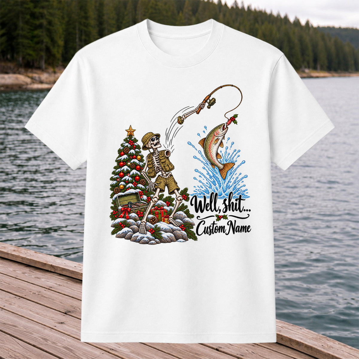 Skeleton Angler Christmas Fishing Personalized Graphic T-Shirt