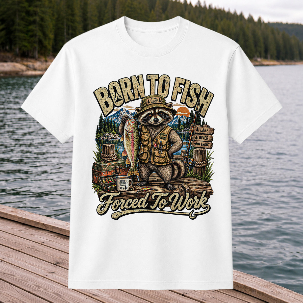 Born to Fish Forced to Work Raccoon and Rainbow Trout Fishing T-Shirt