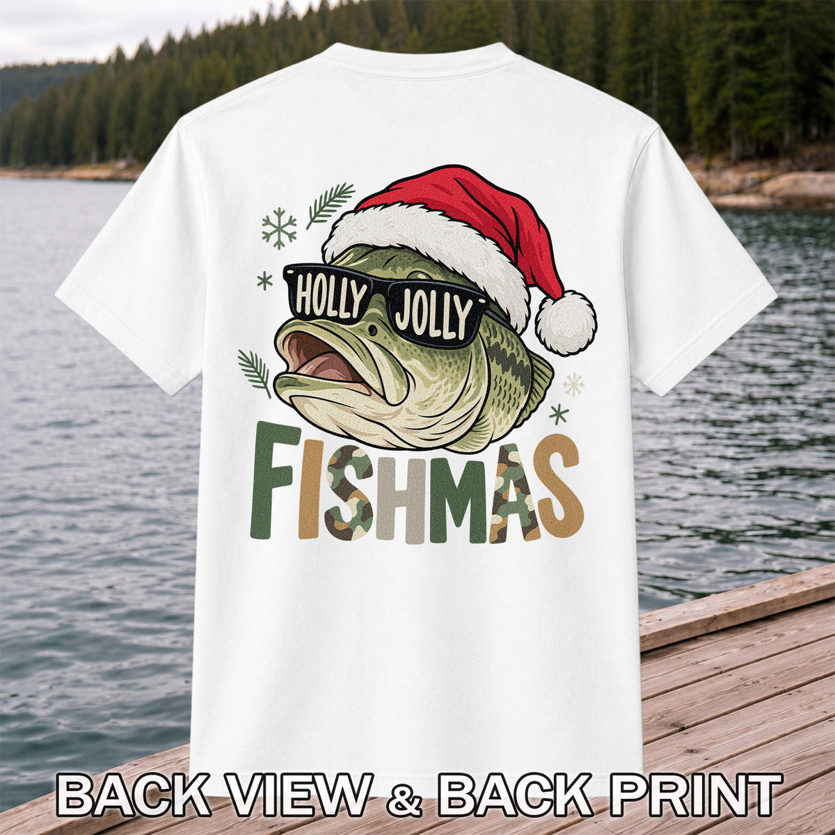 Bass Wearing Santa Hat and Holiday Glasses Fishing Graphic T-Shirt | Back Print
