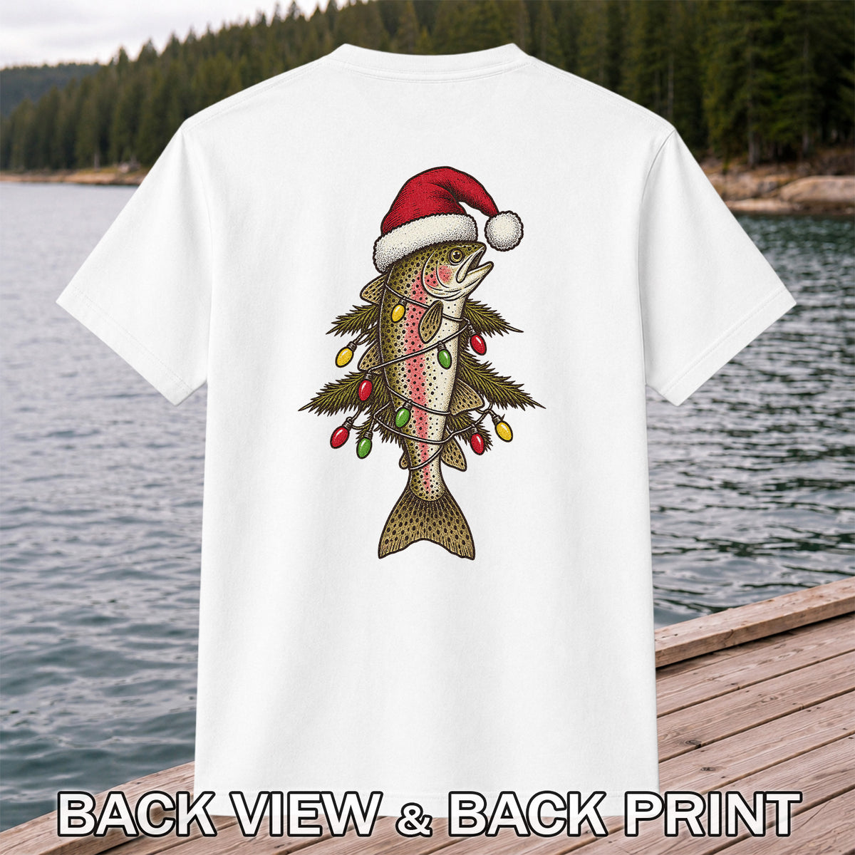 Christmas Trout Tree Fishing Graphic T-Shirt | Back Print