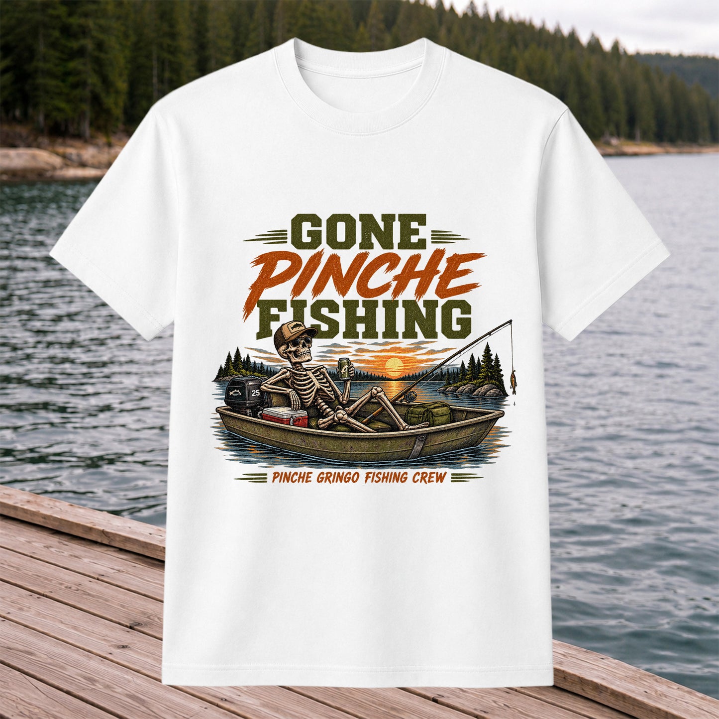 Gone Pinche Fishing Crew Skeleton in a Fishing Boat Graphic T-Shirt