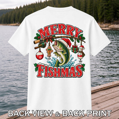 Merry Fishmas Santa Bass Christmas Fishing Graphic T-Shirt | Back Print