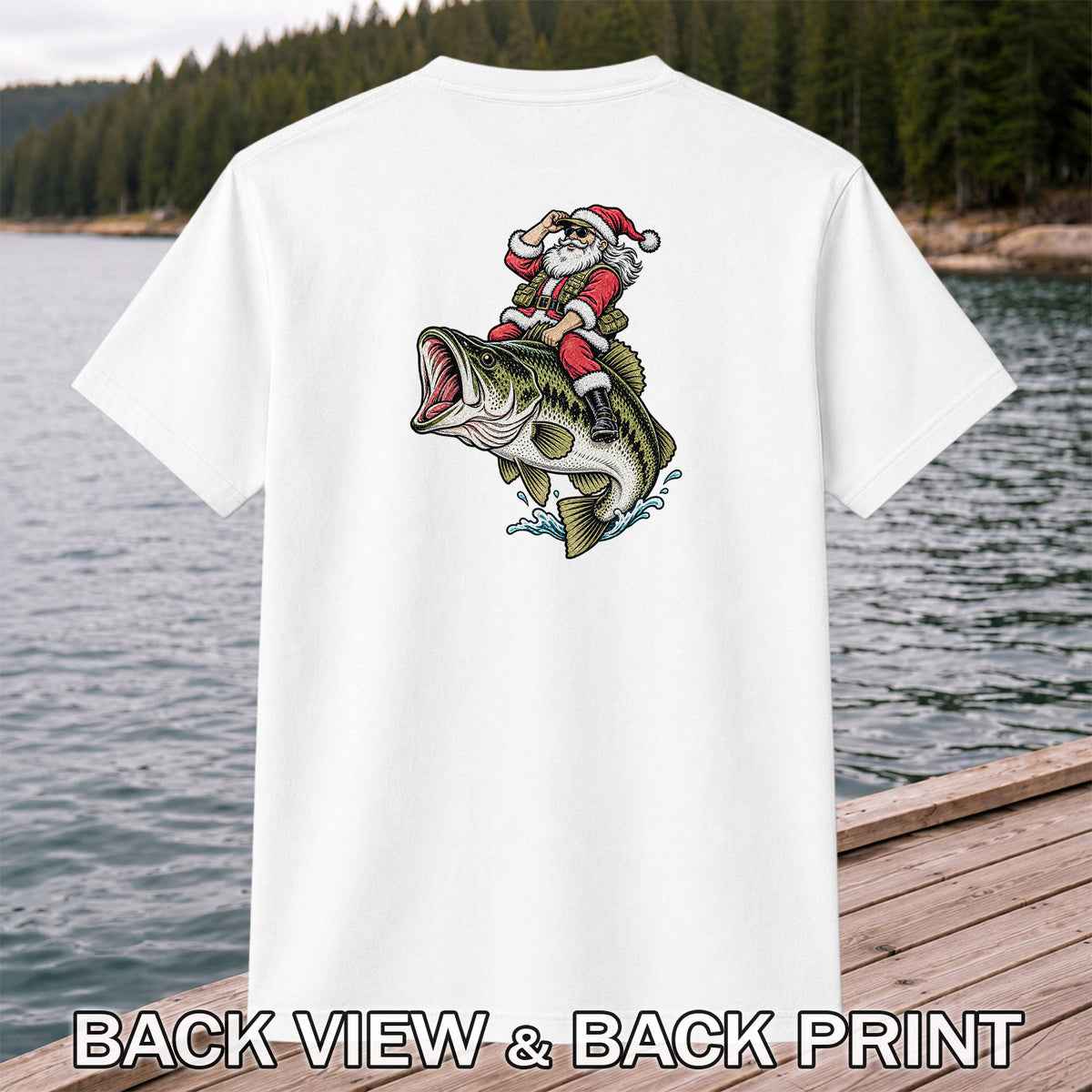 Santa Riding Largemouth Bass Christmas Fishing Graphic T-Shirt | Back Print