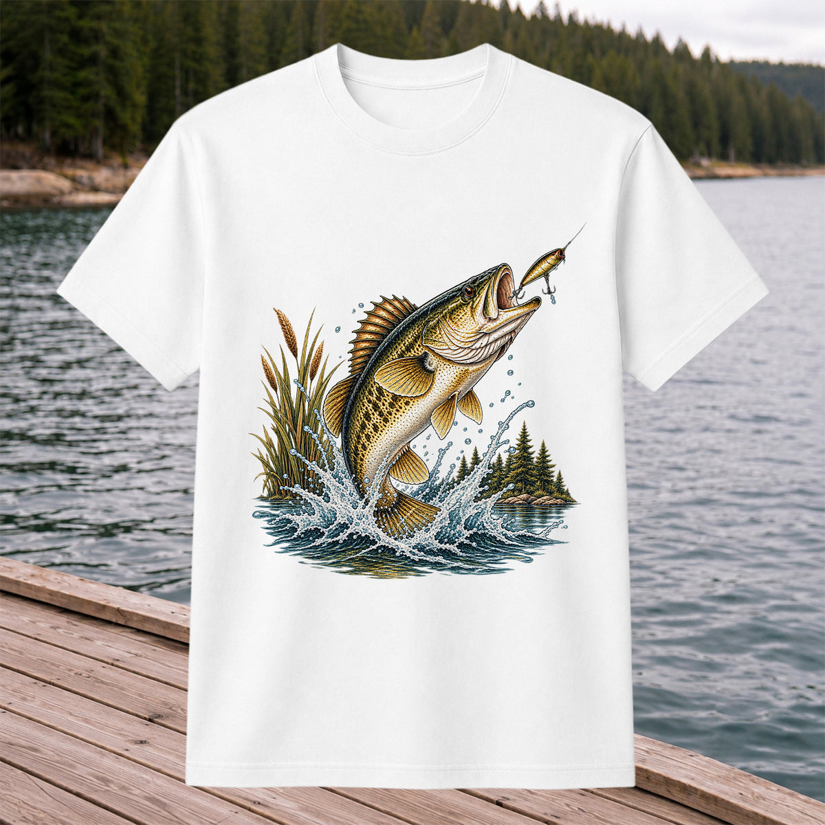 Jumping Bass Chasing a Lure Lake Fishing Graphic T-Shirt
