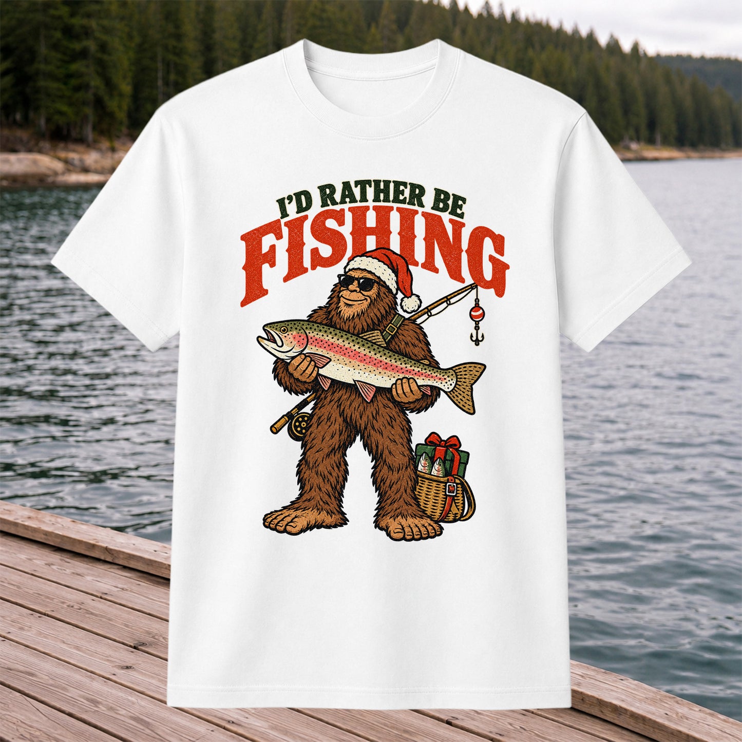 I'd Rather Be Fishing Bigfoot Holding Rainbow Trout Christmas T-Shirt