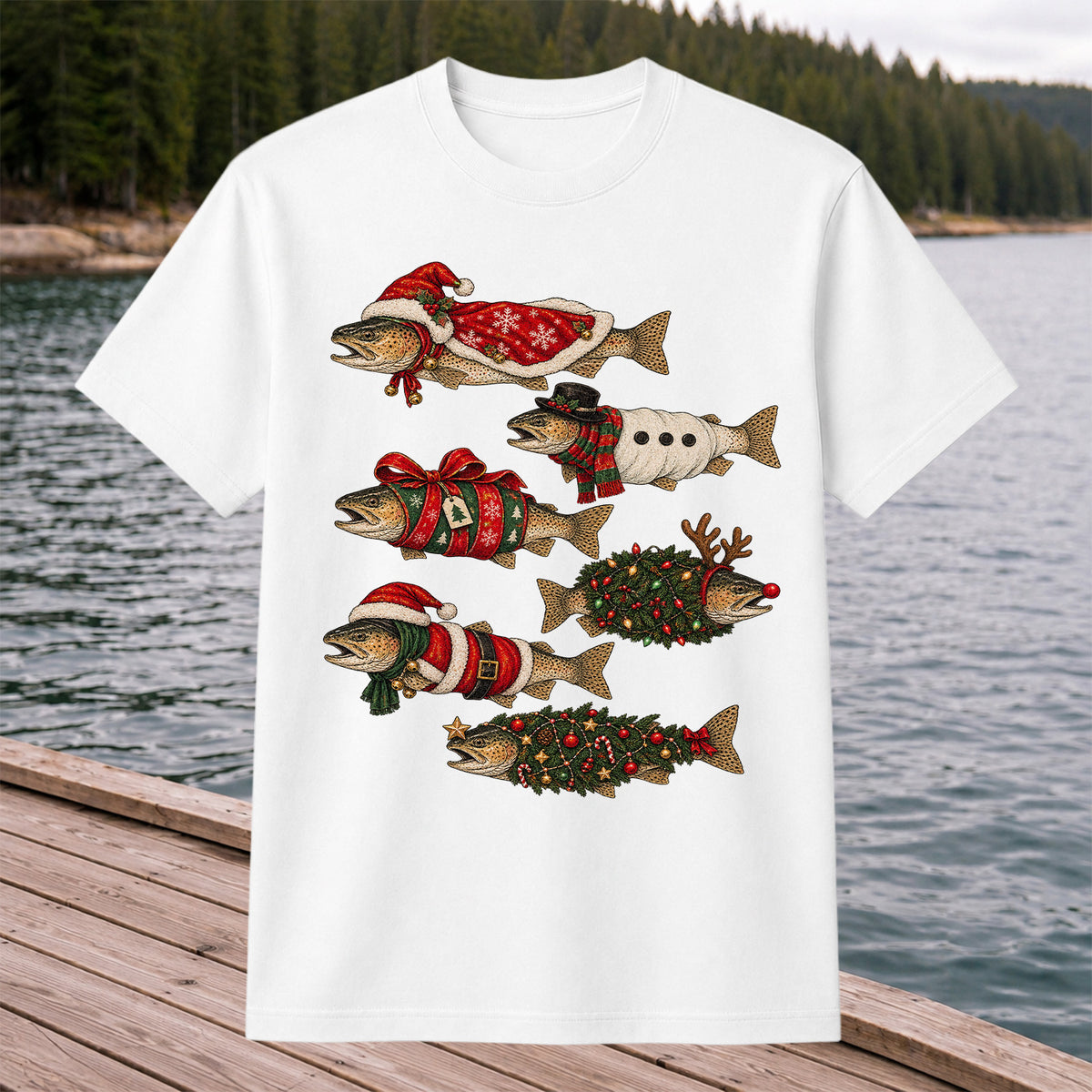 Christmas Trout in Festive Costumes Fishing Graphic T-Shirt