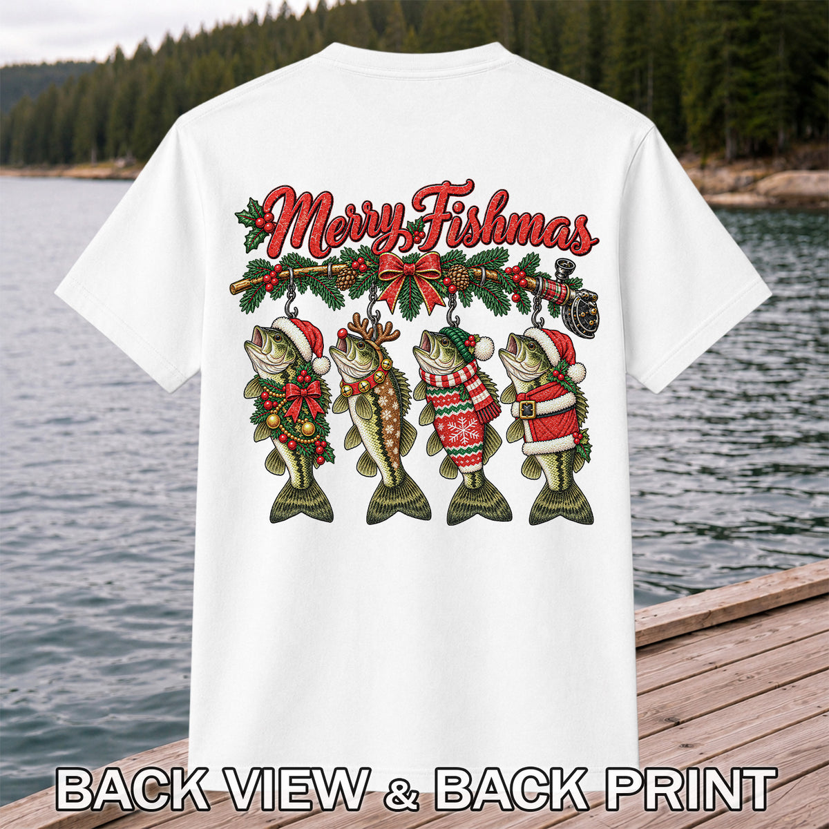 Merry Fishmas Christmas Bass Fishing Graphic T-Shirt | Back Print