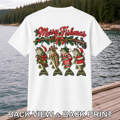 Merry Fishmas Christmas Bass Fishing Graphic T-Shirt | Back Print