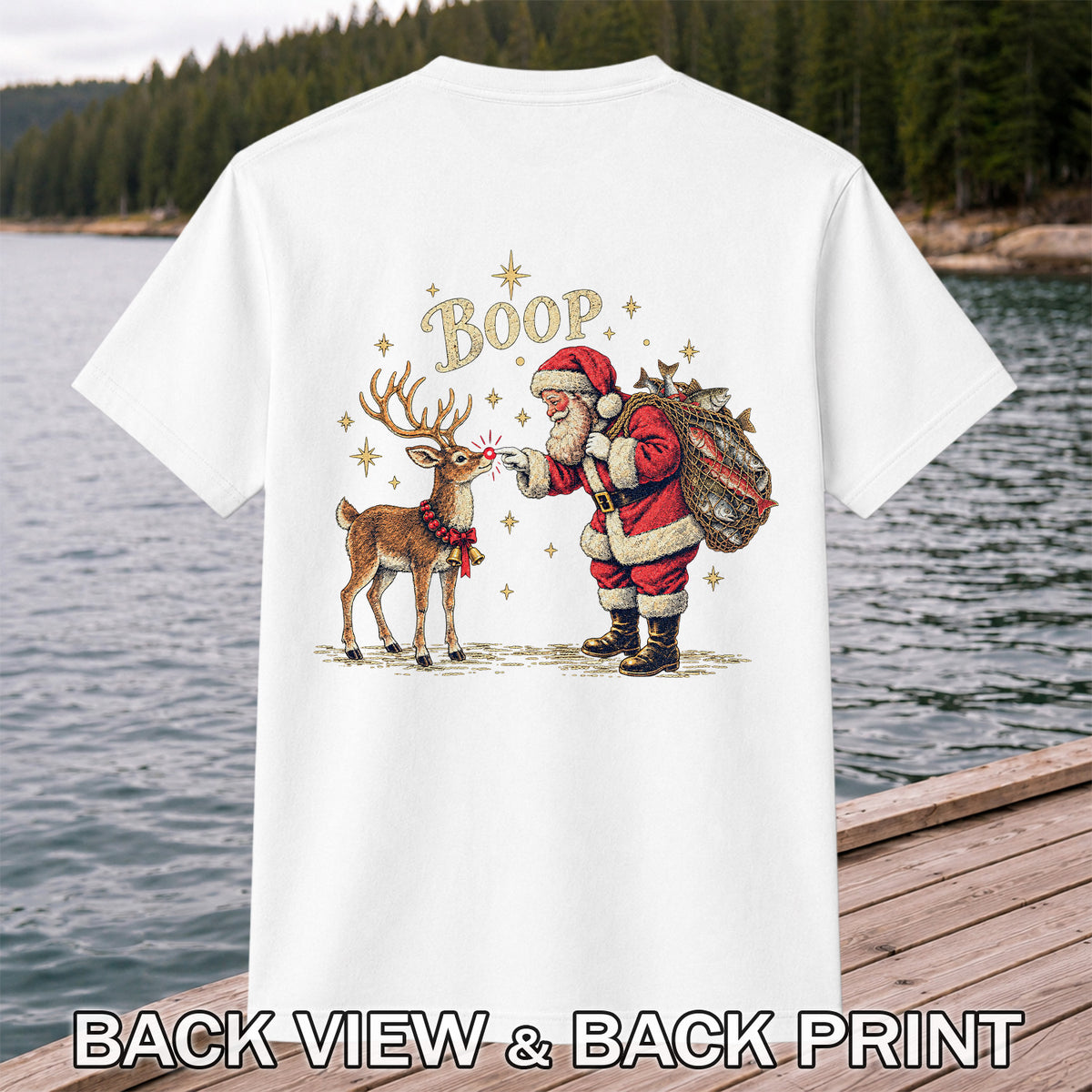 Santa and Reindeer Fishing Christmas Graphic T-Shirt | Back Print