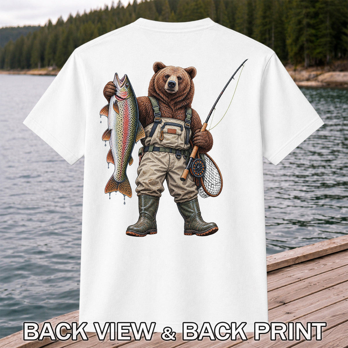 Bear Fishing with Rainbow Trout Outdoor Graphic T-Shirt | Back Print