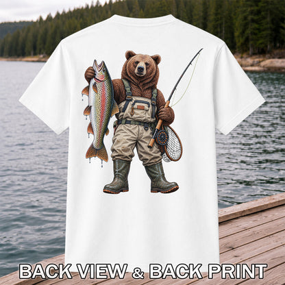 Bear Fishing with Rainbow Trout Outdoor Graphic T-Shirt | Back Print