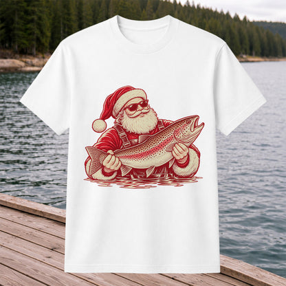 Santa Holding Trout Christmas Fishing Graphic T-Shirt