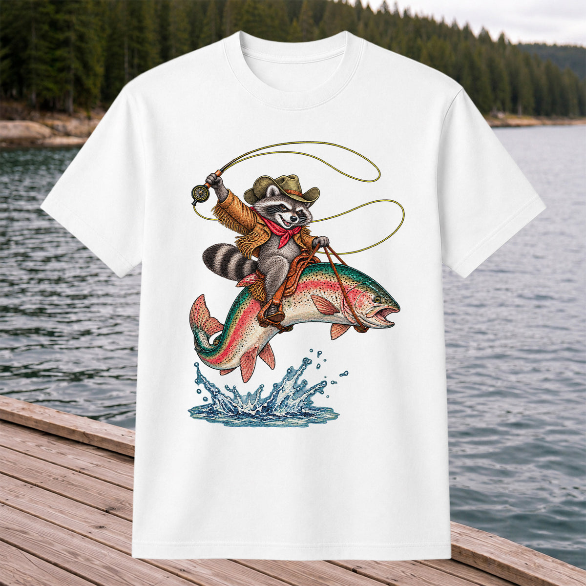 Cowboy Raccoon Riding a Rainbow Trout Fishing Graphic T-Shirt
