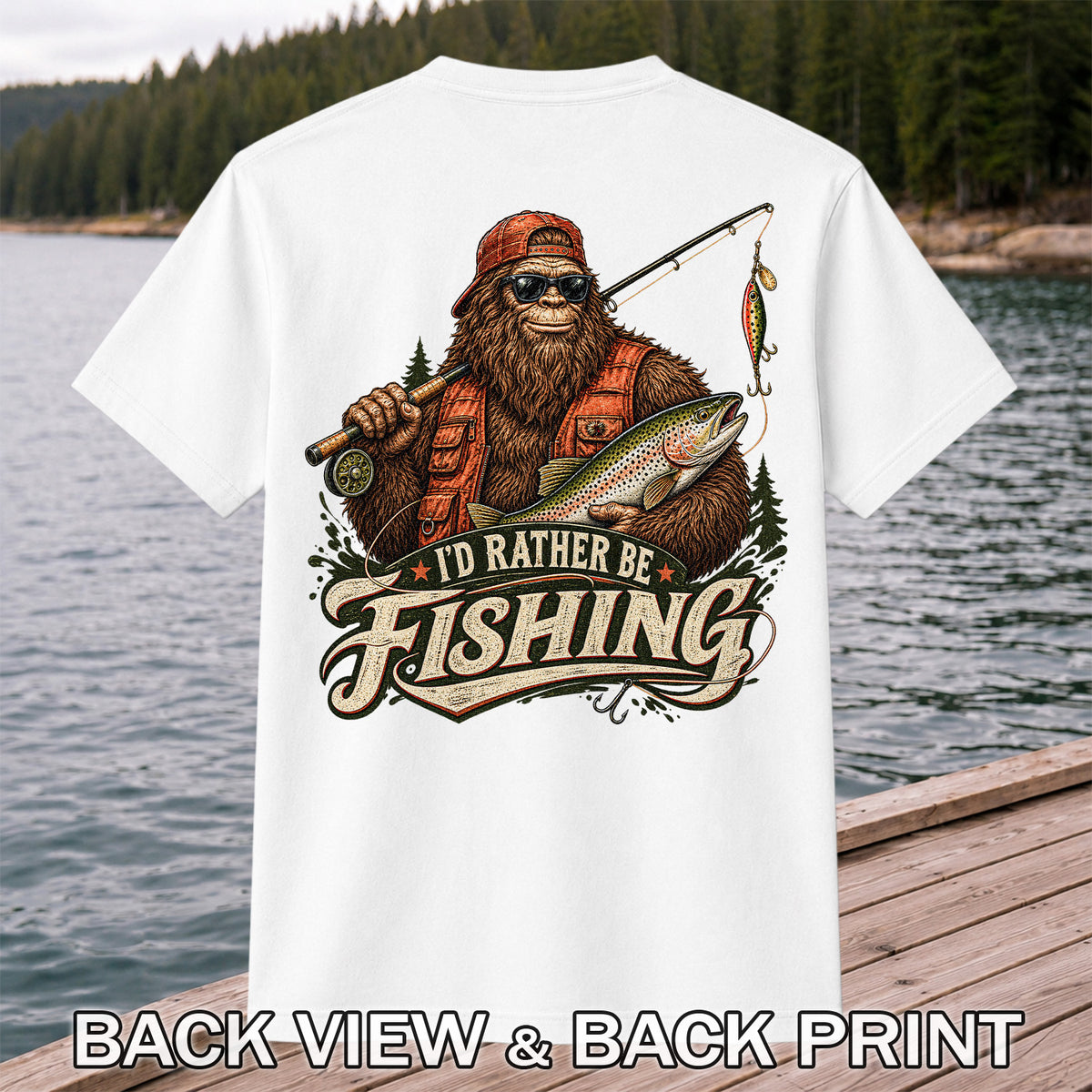 Bigfoot Holding Trout Funny Fishing Graphic T-Shirt | Back Print