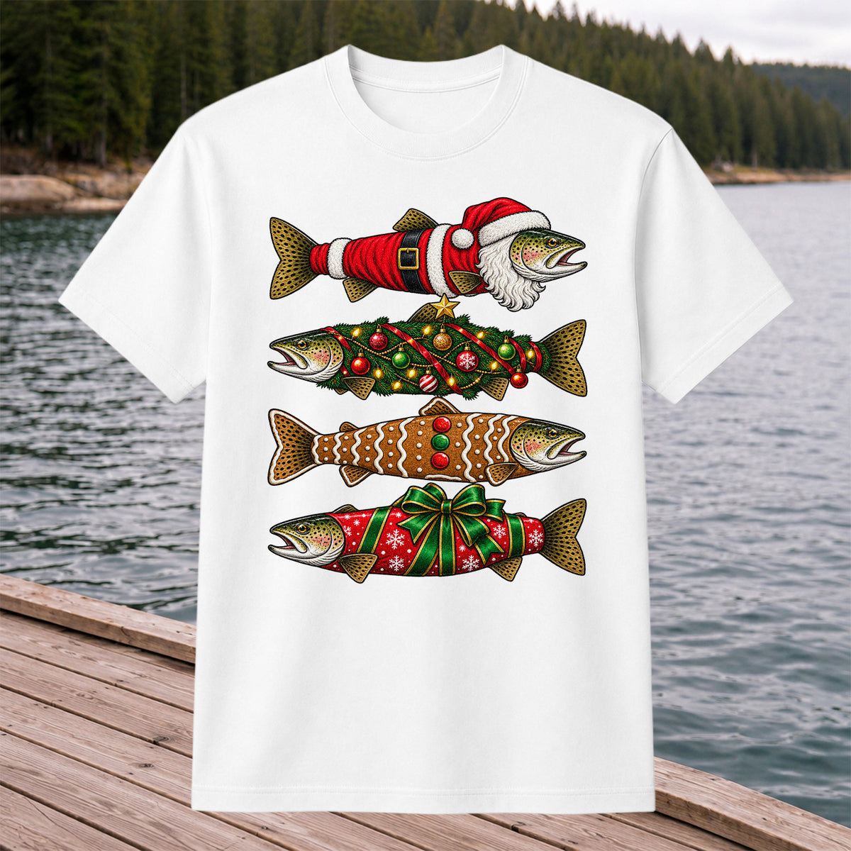 Festive Christmas Trout Santa and Gingerbread Fishing T-Shirt