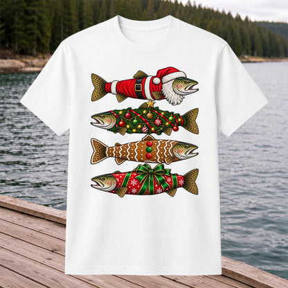 Festive Christmas Trout Santa and Gingerbread Fishing T-Shirt